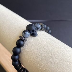 Matte Black Onyx and Snowflake Obsidian Skull Bead Bracelet